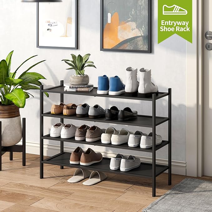BMOSU 4-Tier Bamboo Extended Shoe Rack Premium Stackable Shoe Shelf Storage Organizer for Hallway Closet Living Room Entryway