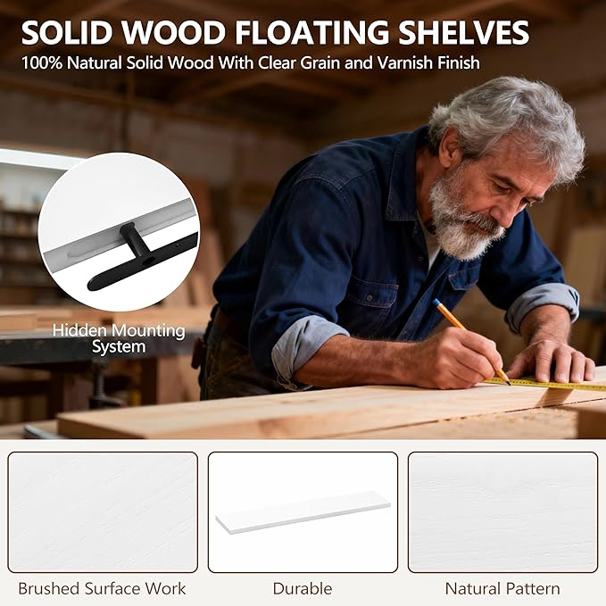 IEO Long Wooden Floating Shelves for Room Wall, Natural Wood Floating Shelves Wall Mounted Kitchen Shelf for Living Room, Bed