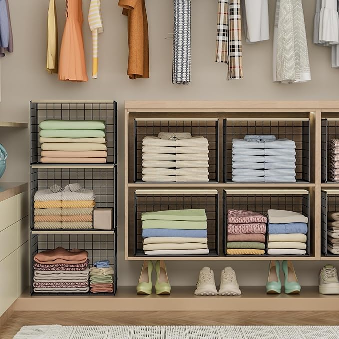 Extra-Long Closet Organizers and Storage with Top Board, 3 Pack Stackable Closet Shelf Organizer, Double Storage Design Cloth