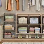 Extra-Long Closet Organizers and Storage with Top Board, 3 Pack Stackable Closet Shelf Organizer, Double Storage Design Cloth