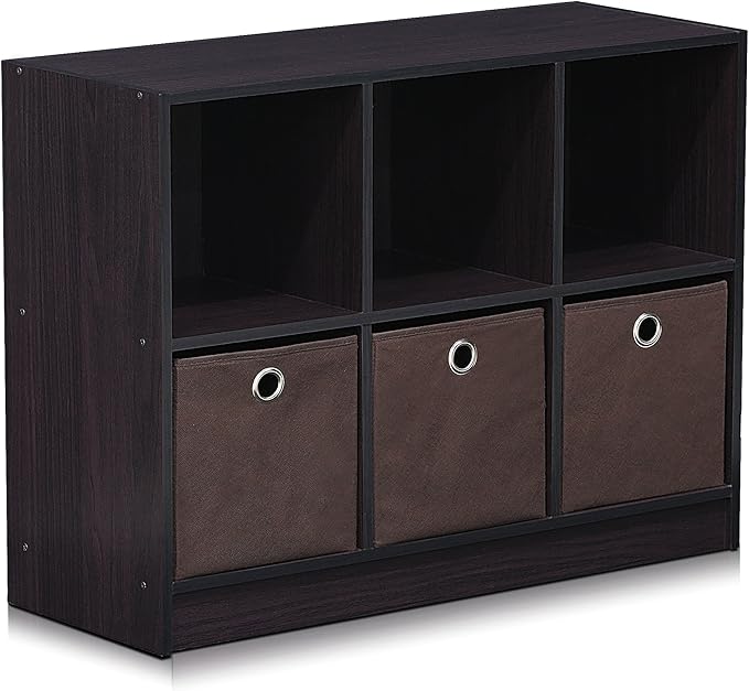 Furinno BASIC Book Shelf, 6-Cube Bookshelf with Open Shelf, 3 x 2 Bookcase with Storage Bins, Closed Back, Horizontal, 11.9 x