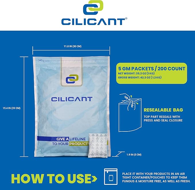 CILICAnt 5-gram Desiccant Pouches, 200 pcs Pack, Food Grade Moisture Absorbers Ideal for Packaging of Shoes, Jewelry,