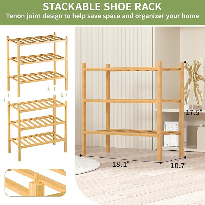 ROMGUAR CRAFT 3-Tier Bamboo Small Shoe Rack, Free Standing Wood Shoe Shelf Storage Organizer for Closet Entryway Stackable (N