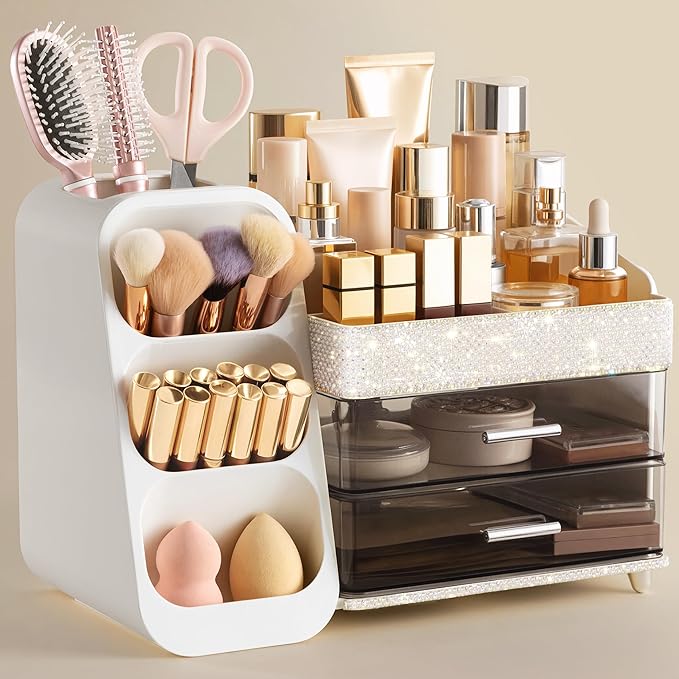 HBlife Makeup Organizer with Brush Holder for Vanity, Large Plastic Bathroom Countertop Organizer Skin Care Storage, Easy to 