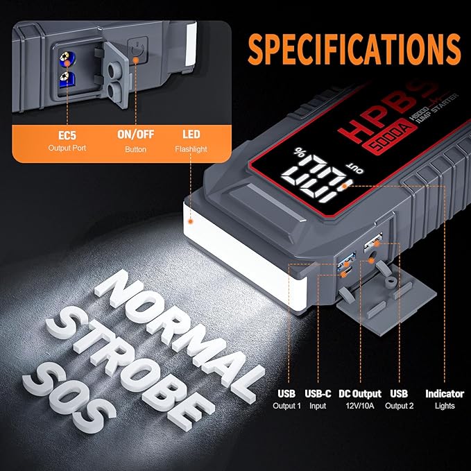 Car Jump Starter - 5000A Peak Jump Starter Battery Pack with DC for Up to All Gas and 10.0 L Diesel Engines 12V Portable