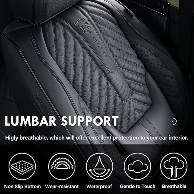 Coverado Seat Covers Full Set, Luxury Leather Car Seat Covers for Car with Lumbar Support, Automotive Seat Covers Waterproof 