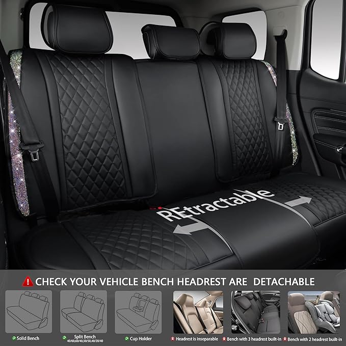 CAR PASS Iridescent Diamond &NAPPA Calfskin Leather Cushioned,Bling Seat Covers,Waterproof Heavy-Duty Anti-Slip,Universal Fit