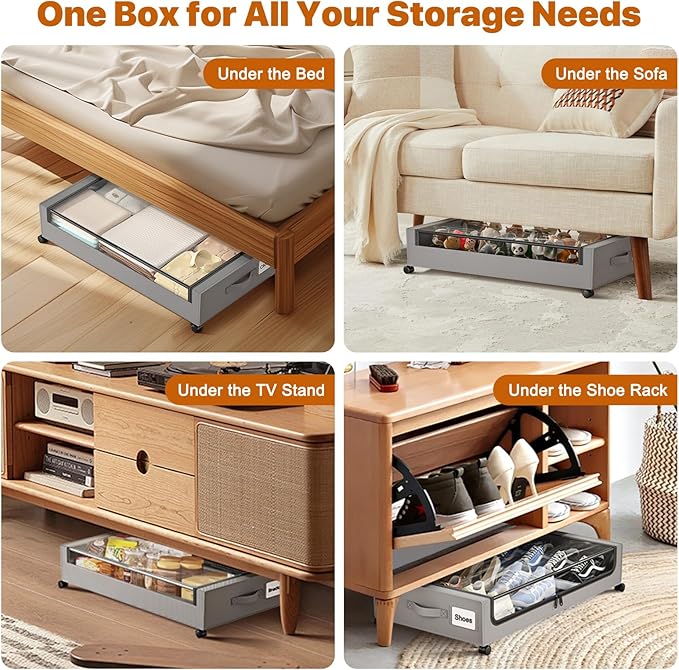 Under Bed Storage with Wheels,XXL 60L Under Bed Storage Containers with Clear Lids, Rolling Under Bed Metal Drawer for Clothe