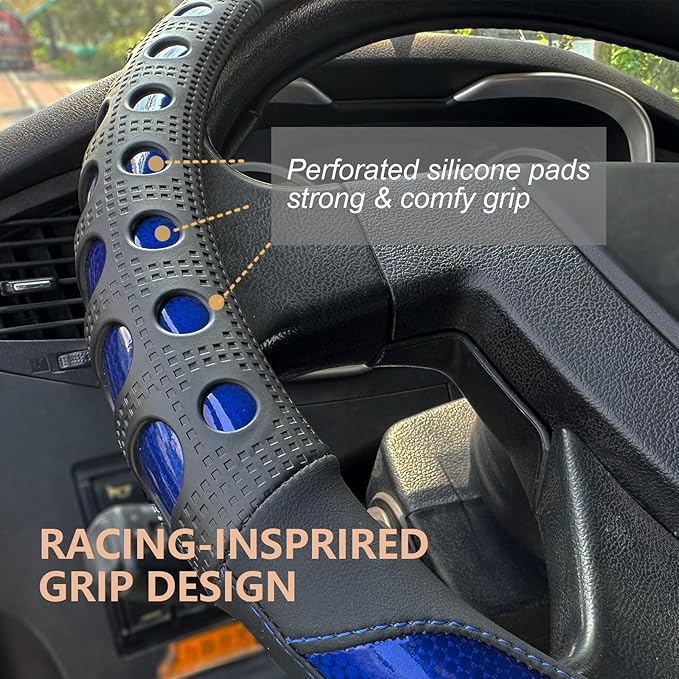 PINCTROT XL Size 17.5-18 in Race Grip Steering Wheel Cover for Semi Truck, Fits RV, Big Rig Trucker, 18 Wheeler and Classic Cars, Anti-Slip Silicone Perforated Design 17.5-18 Inch (Racing Blue)