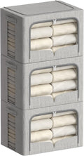 FHSQX 3 Pack Clothes Storage Bins - Foldable Metal Frame Storage Box - Stackable Linen Fabric Container Organizer Set with Ca