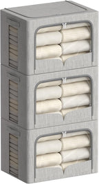 FHSQX 3 Pack Clothes Storage Bins - Foldable Metal Frame Storage Box - Stackable Linen Fabric Container Organizer Set with Ca
