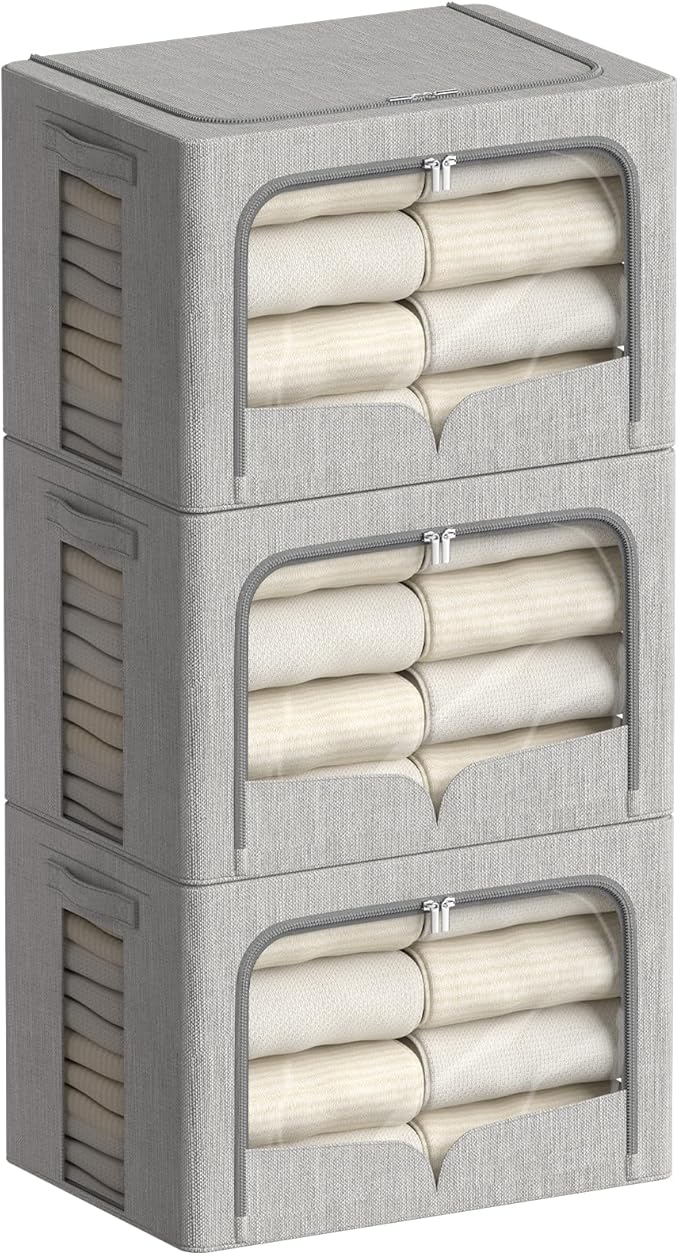 FHSQX 3 Pack Clothes Storage Bins - Foldable Metal Frame Storage Box - Stackable Linen Fabric Container Organizer Set with Ca