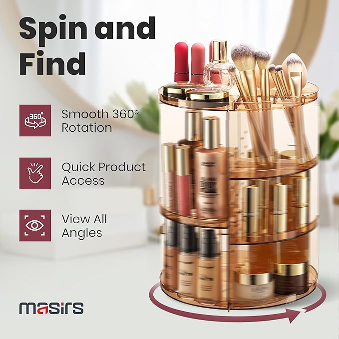 Masirs 360 Rotating Makeup Organizer - Adjustable Shelf Height and Fully Rotatable - The Perfect Round Spinning Cosmetic Orga