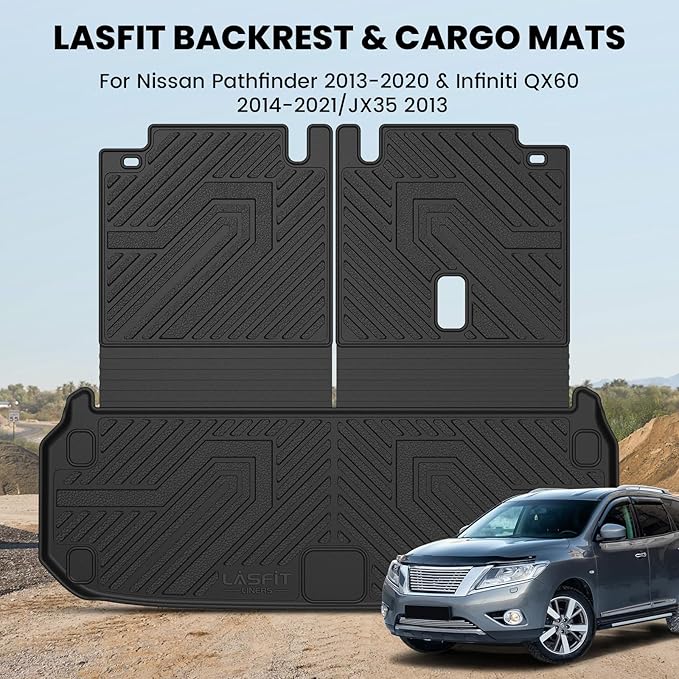 LASFIT Cargo Mat & Backrest Mats for Nissan Pathfinder 2013-2020 / Infiniti QX60 2014-2021 / JX35 2013, All Weather TPE Custom Fit Easy Clean Durable No-Curling Trunk Mat for Pathfinder & QX60 & JX35