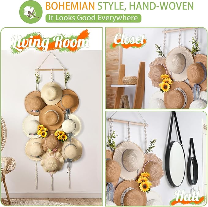 Macrame Hat Hangers for Wall Wide Brimmed Hat Holder Storage 10 Clips Hat Rack Organizer for Wall Display Boho Decor for Fedo