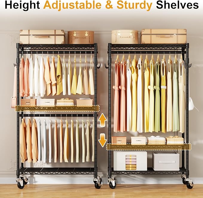 ULIFHOME P1 Rolling Clothes Rack, Portable Wardrobe Closet with Wheels, Heavy-Duty Closet Clothing Rack for Hanging Clothes, 