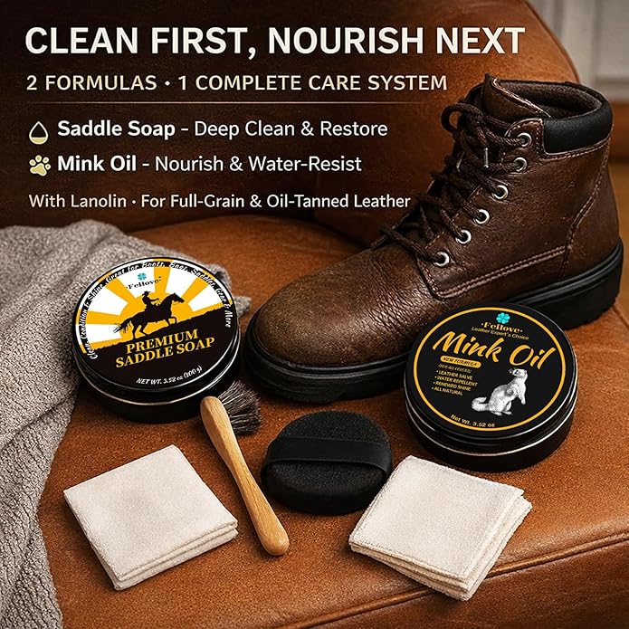Leather Boot Care Kit – Mink Oil & Saddle Soap for Leather with Applicators & Cloths – 6-Piece Leather Shoe Care Kit for Cowb