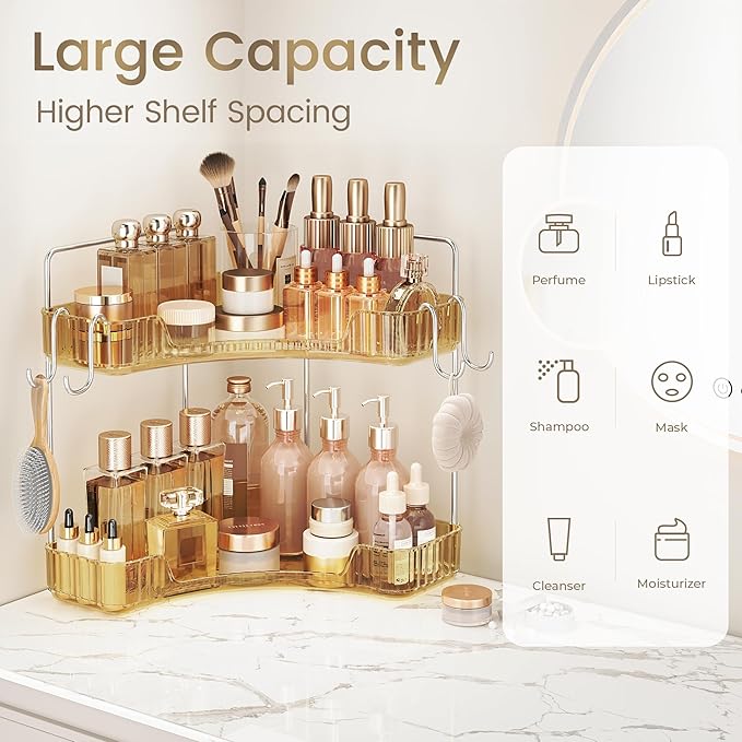 Golden Corner Counter Organizer, 2 - Tier Bathroom & Kitchen Storage Tray with Hooks | PET Vanity Organizer for Skincare, Mak