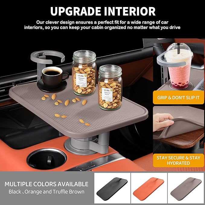 Car Tray & Car Desk for Laptop, 360° Rotating Wood Cup Holder Table,Aluminum Cantilever Laptop Mount for Vehicle,Steering Wheel Tray,Fits for Tesla Model Y/3/S,Camry Forester F150 Tundra&Most Vehicles