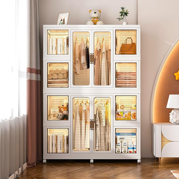 Portable Wardrobe Storage Cabinet, Large Closet Organizer with Magnetic Doors and Wheels, Portable Kids Closet with 2 Hanging