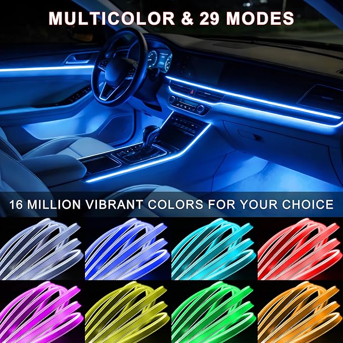 Interior Car LED Lights APP Control，Ambient Lighting Kit with 236" Fiber Optic，5 in 1 RGB Strip Lights，16 Million Colors Car Neon Lights, Sync to Music（USB）