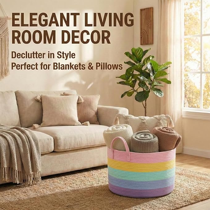 JMvicyroam 115L Extra Large Blanket Basket for Living Room - Woven Cotton Rope Laundry Hamper with Reinforced Handles - Stora