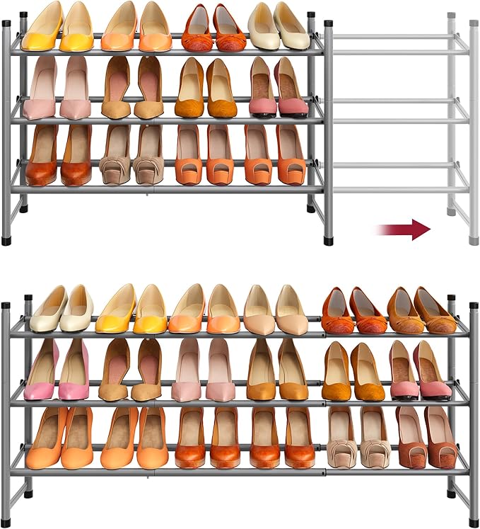 Tajsoon Expandable Shoe Rack for Closet 3 Tier, 28“-41“Adjustable & Stackable Shoe Shelf Storage, Metal Shoe Rack Organizer f