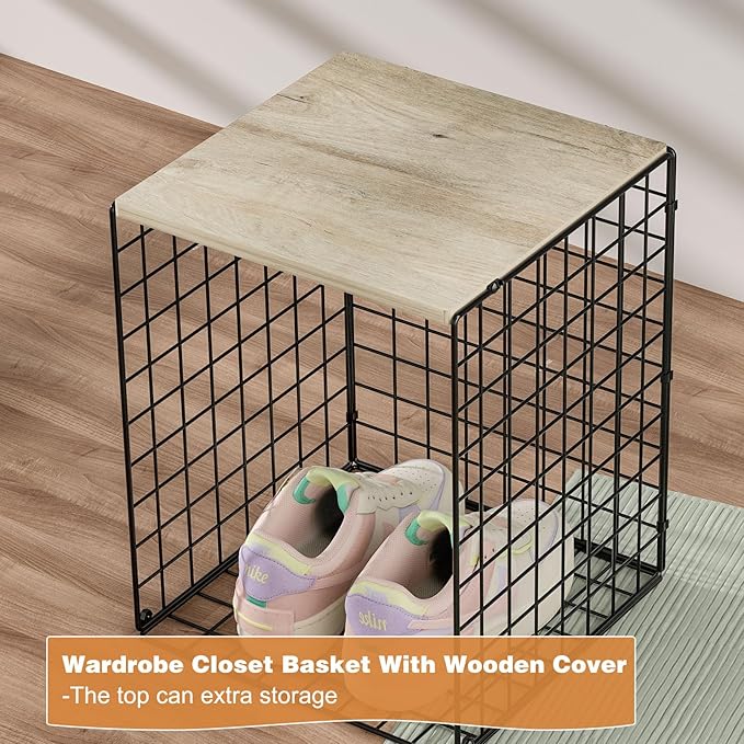Taller Closet Organizers and Storage with Wood Top, Set of 3 Stackable Wire Storage Bins for Clothes, Bags, Towels, Double St