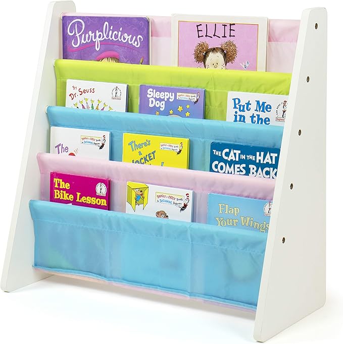Humble Crew 4-Tier Kids Bookshelf, White Wood/Pastels - Premium Book Shelf for Kids Rooms with Four Deep Pockets - Toddler Sl