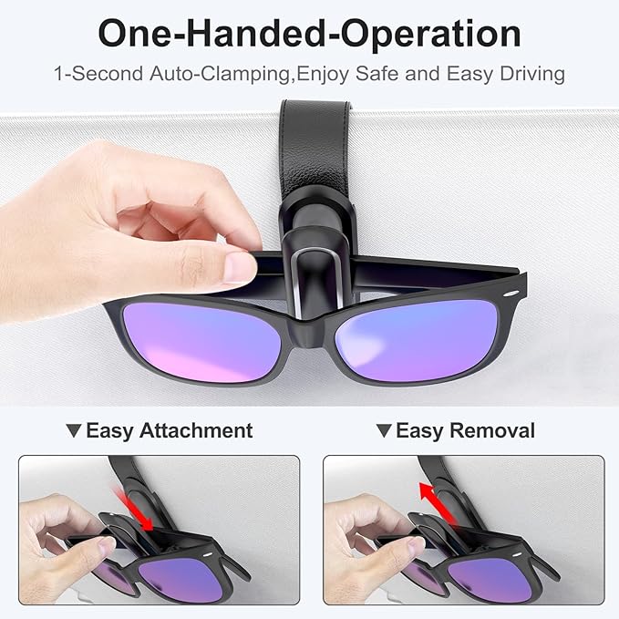 Veharvim Sunglass Holder for Car (One-Handed Operation, Gentle & Secure Hold, Silicone Padded, Universal Fits Sunglass and Car Visor) - Sunglasses Clip for Car Visor