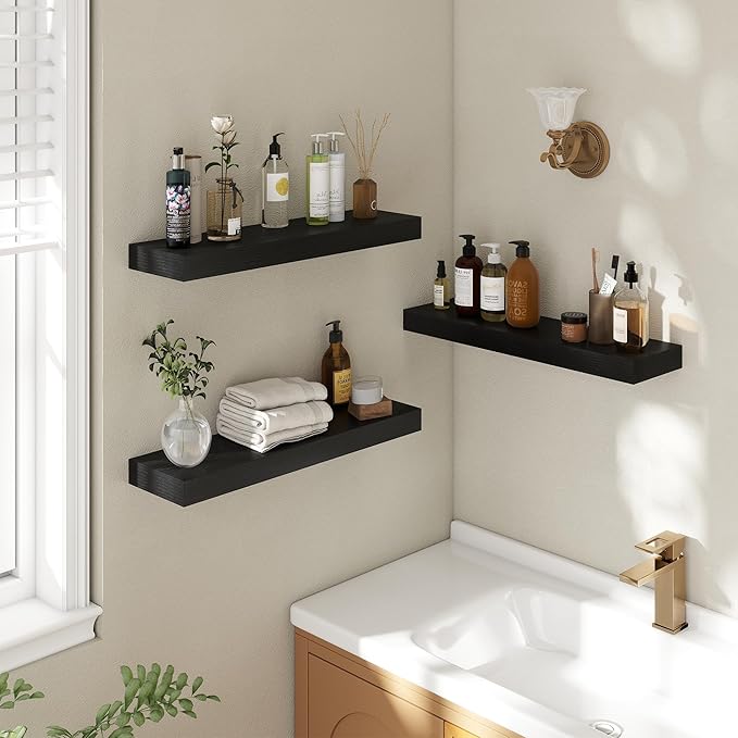 24 Inch Floating Shelves | 6.5 Inch Deep Black Floating Shelves Set of 2 | 24" W x 6.5" D Rustic Black Wood Wall Shelves with