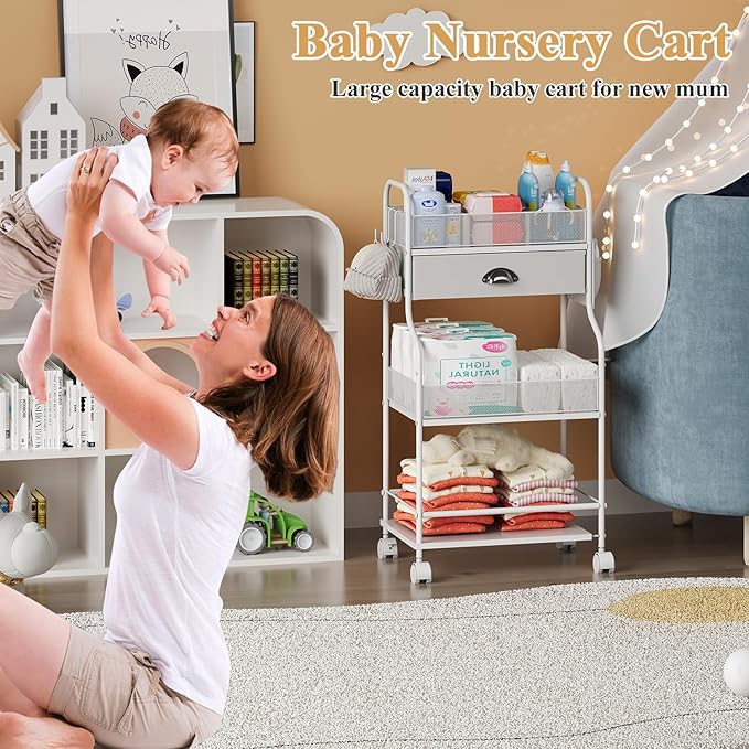 Baby Diaper Caddy Cart Organizer -3 Tier, Bedside Nursery Essentials Organizer & Storage Holder for Newborn Baby Stuff, 2+1 D