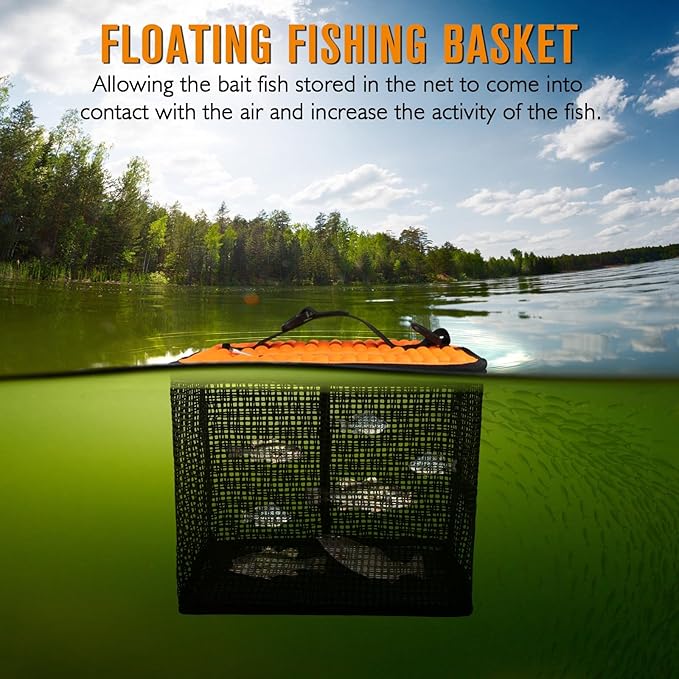 Dovesun Floating Fishing Basket, Collapsible Fish Basket Portable Fishing Net Quick-Drying Rubber Coated Fishing Bait Storage