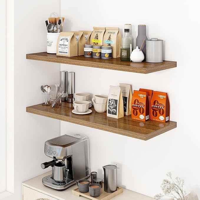 Dreamland 40" Floating Shelves for Wall, 12" Deep Slim Walnut Floating Shelves, Wall-Mounted Shelves for Bedroom, Living Room