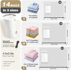 Vacuum Seal Bags for Clothing Travel with Rechargeable Electric Pump, Space Saver Vacuum Storage Bags Travel, Reusable Compre