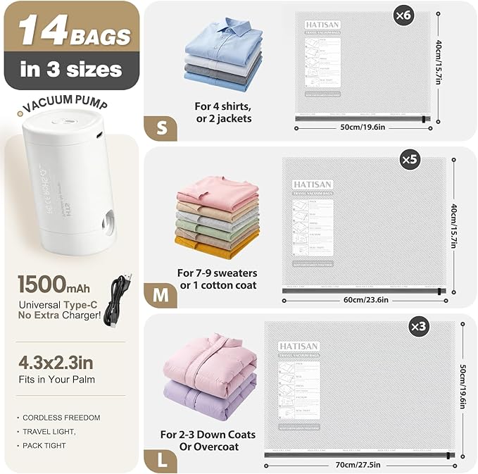 Vacuum Seal Bags for Clothing Travel with Rechargeable Electric Pump, Space Saver Vacuum Storage Bags Travel, Reusable Compre