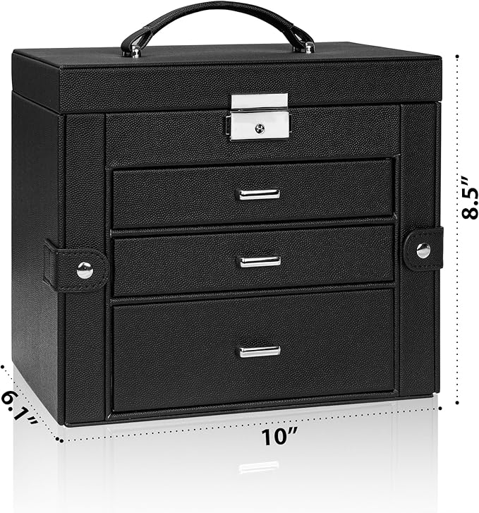AKOZLIN 4-Tier Jewelry Box Lockable Leather Jewelry Storage Case Organizer with 3 Drawers for Women Girls Ring Necklace Earri