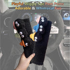 Car Headrest Pillow & Steering Wheel Cover Set with Cute Big-Eyed Black Travel Neck Support Pillow Fur Car Interior Accessory (Safty Belt Cover 2PCS)