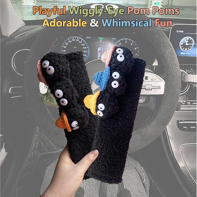 Car Headrest Pillow & Steering Wheel Cover Set with Cute Big-Eyed Black Travel Neck Support Pillow Fur Car Interior Accessory (Safty Belt Cover 2PCS)