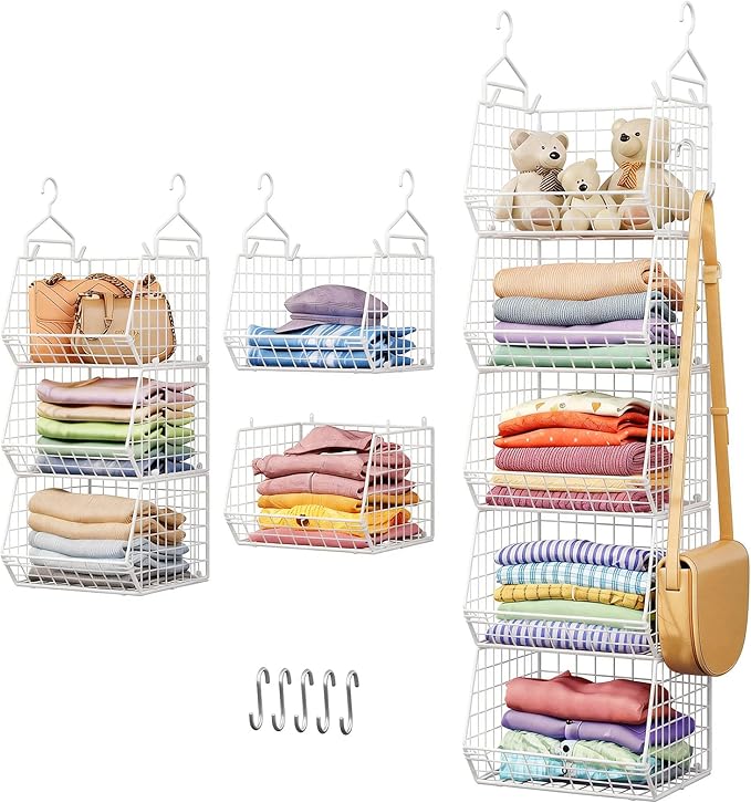 5 Tier Closet Hanging Organizer, Clothes Hanging Shelves with 4 Hanging Hooks 5 S Hooks, Wire Storage Basket Bins, for Clothi