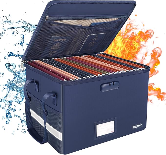ENGPOW File Box with Lock, Fireproof Document Box with Zipper＆Pockets, Collapsible File Organizer Filing Storage Cabinet with