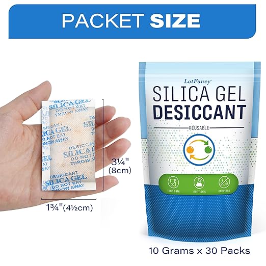 LotFancy Silica Gel Packets 10g 30 Pack, Color Indicating Rechargeable Desiccant Packs, Moisture Absorber for Electronics, Ca