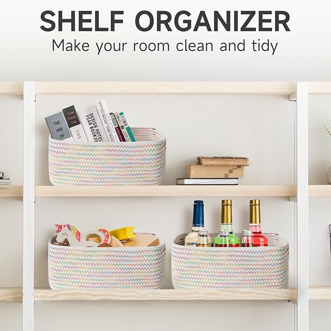 3-Pcs Shelf Baskets for Organizing, Closet Organizer Bins, Small Woven Baskets, Rope Toy Basket, Storage Basket for Shelves, 