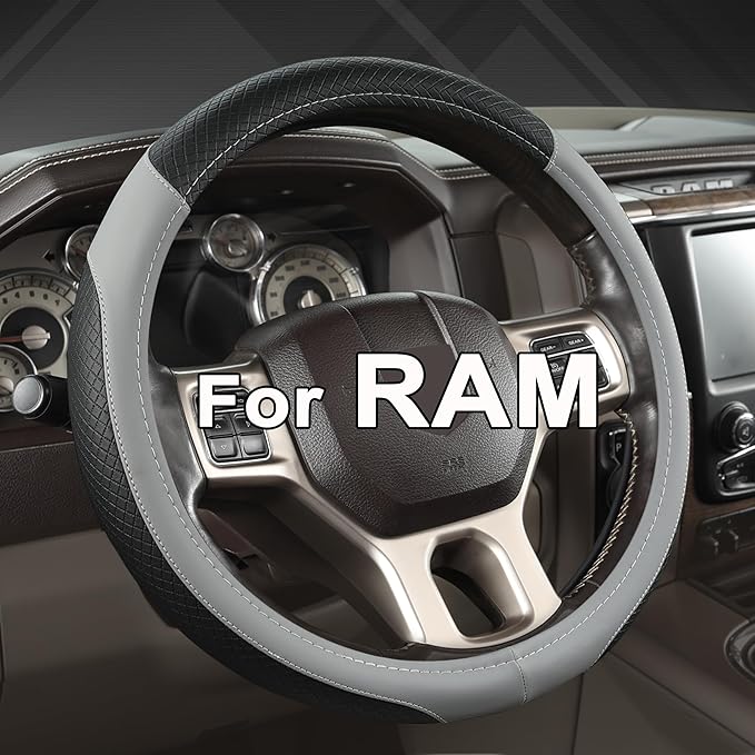 West Llama Customized Auto Car Steering Wheel Cover for Dodge RAM 1500 2500 3500, 15.5-16 inch(Black+Gray Line-Large Size)