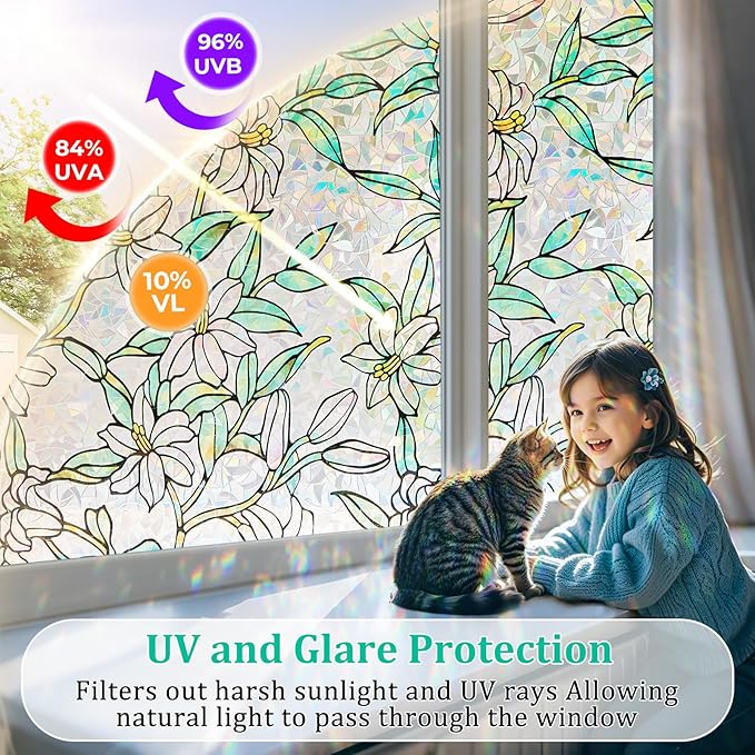 Coavas Static Cling Privacy Window Film, 96% UV & Heat Blocking, Stained Glass Window Film Floral Design, Non-Adhesive, for Bathroom, Front Door, Shower Enclosure‌(Vinyl, 23.6" x 78.7 ")