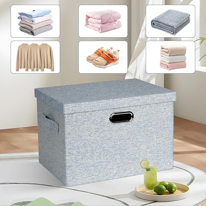 Graciadeco Large 17" 36 Quart Collapsible Stackable Storage Bins with Lids, 3 Packs Blue-Grey Linen Fabric Closet Boxes with 