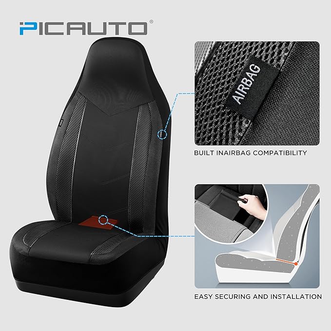 PIC AUTO Car Seat Covers, High-Back Full Set Automotive Seat Covers, Front and Rear Bench - Sports Carbon Fiber Mesh Design, 