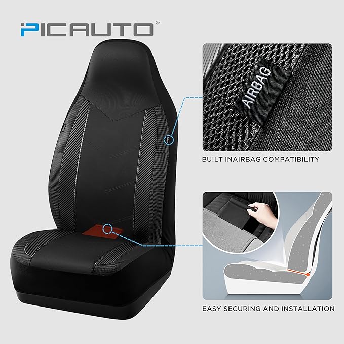 PIC AUTO Car Seat Covers, High-Back Full Set Automotive Seat Covers, Front and Rear Bench - Sports Carbon Fiber Mesh Design, 