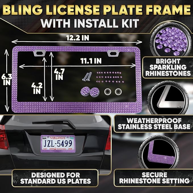Purple Car Accessories Set, 27 Pieces – Bling Car Accessories for Women, Steering Wheel Cover, Rearview Mirror, Air Vent, Dashboard and Console Rhinestone Decor - Universal Fit Interior Styling Kit