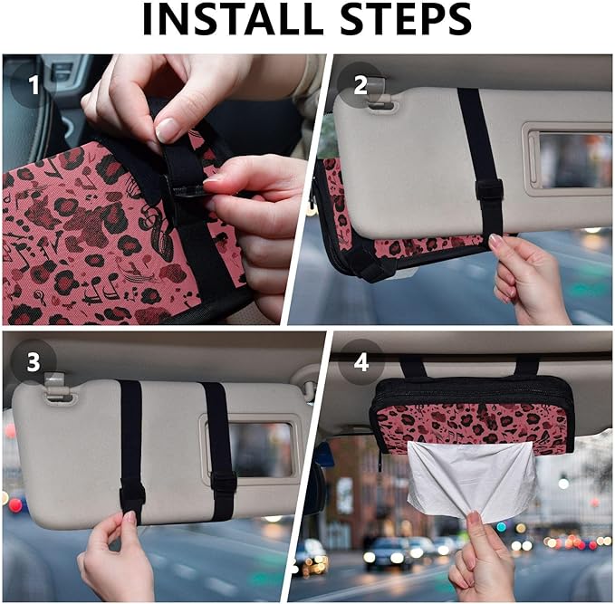 Car Tissue Holder Car Visor Organizer Tissue Box Holder for Car Sun Visor Organizer with Car Vehicle Accessories Essentials Interior for Women Men Leopard Print Notes Red